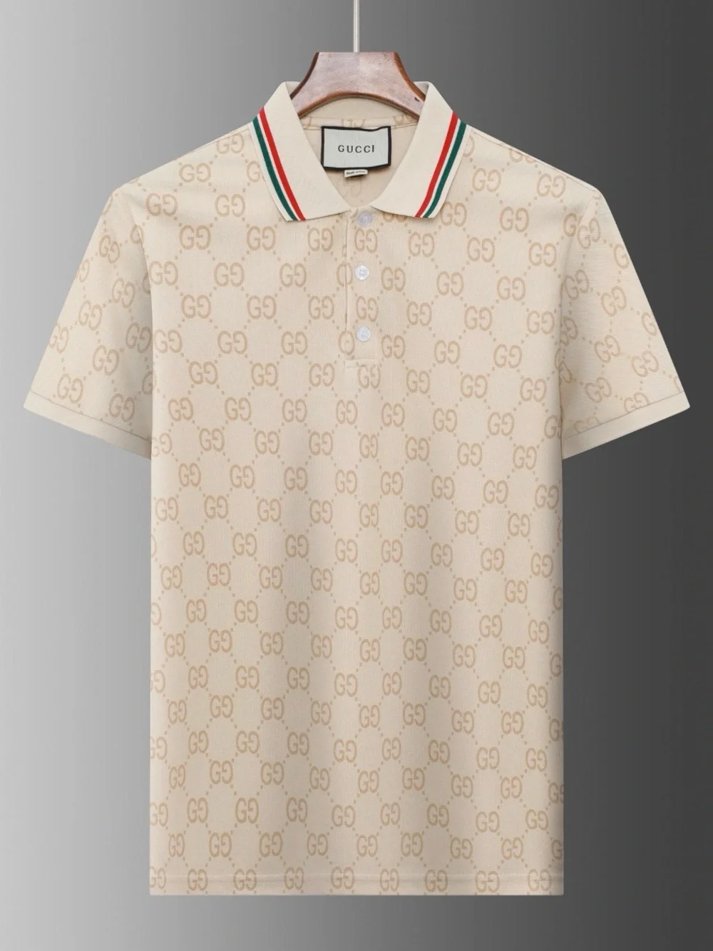 Gucci Beige GG Monogram Polo with Red & Green Collar Trim